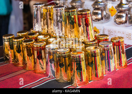 beautiful turkis tea glasses in tea shop Stock Photo
