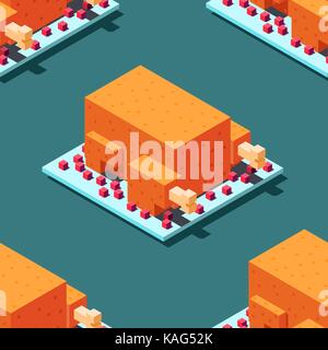 Isometric thanksgiving turkey and cranberries seamless pattern on green-blue background. Clipping mask used. Stock Vector