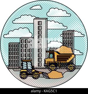 building set city with contruction vehicles in circular frame with cloud landscape on color crayon silhouette Stock Vector
