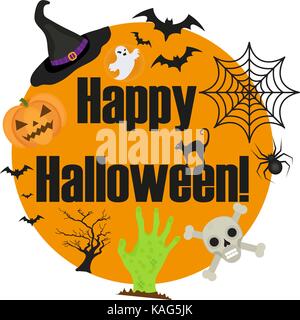 Halloween round frame for text with a spider, pumpkin, witch hat, black cat. Isolated on white background. Template for your card design. Vector illustration. Stock Vector