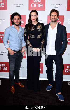 Kit Harington (left), Liv Tyler and Edward Holcroft (right) attending a preview of new BBC drama Gunpowder, held at BAFTA, 195 Piccadilly, London. Gunpowder will air on Saturday nights, this autumn on BBC One. Picture Date: Tuesday 26 September. Photo credit should read: Ian West/PA Wire Stock Photo