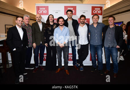 Cast and Crew of Gunpowder including Liv Tyler (fourth from left) Edward Holcroft, (third from right) and Kit Harington (centre) attending a preview of new BBC drama Gunpowder, held at BAFTA, 195 Piccadilly, London. Gunpowder will air on Saturday nights, this autumn on BBC One. Picture Date: Tuesday 26 September. Photo credit should read: Ian West/PA Wire Stock Photo