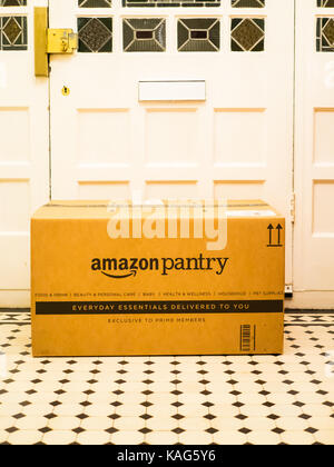 September 26, 2017. London. Amazon pantry online purchase delivery box just arriving to a home address. Stock Photo