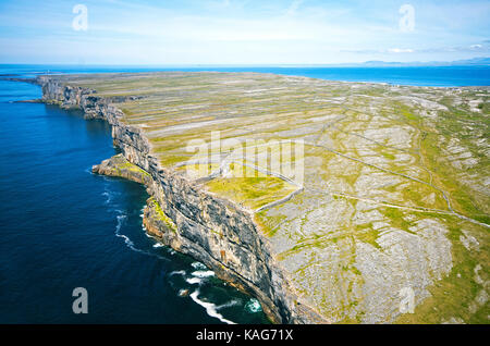 Aerial view of Inishmore Island (clearly visible Dun Aonghasa prehistoric fort), Aran Islands, County Galway, Ireland Stock Photo