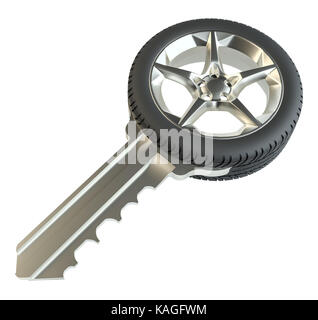 Metal key with car wheel Stock Photo