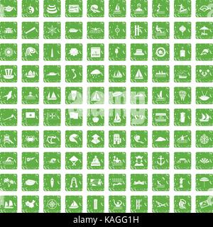 100 sailing vessel icons set grunge green Stock Vector