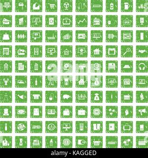 100 sales icons set grunge green Stock Vector