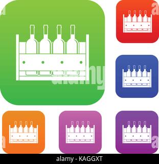 Four bottles of wine in a wooden box set color collection Stock Vector