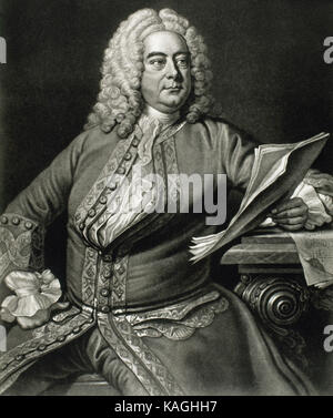 George Frideric Handel (1685-1759). German, later British, baroque composer. Portrait. Engraving. Inspired on a portrait by Thomas Hudson in 1749. Stock Photo