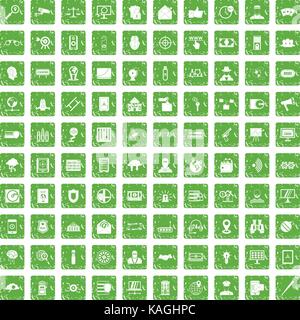 100 security icons set grunge green Stock Vector