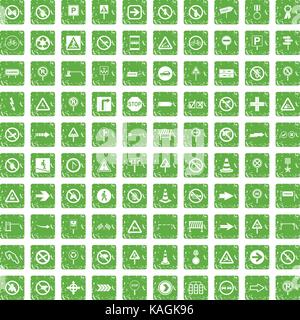 100 road signs icons set grunge green Stock Vector