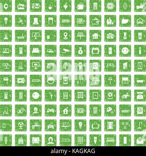 100 smart house icons set grunge green Stock Vector