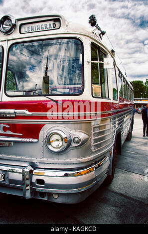 Old classic Tallinn to Leningrad bus. silver and red livery Stock Photo