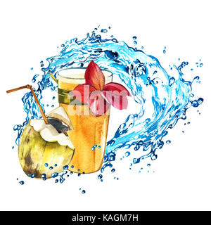Coconut and juice orange with water splash. Watercolor illustration on white background. Stock Photo