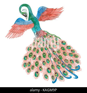 Peacock watercolor illustration isolated on white background. Vintage decorative elements for retro design Stock Photo