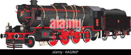 A detailed illustration of a Ten Wheeled red and black Steam Freight Locomotive and Tender with Air Brake Cylinders isolated on White Stock Vector