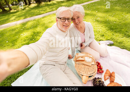 senior couple taking selfie at picnic in park Stock Photo