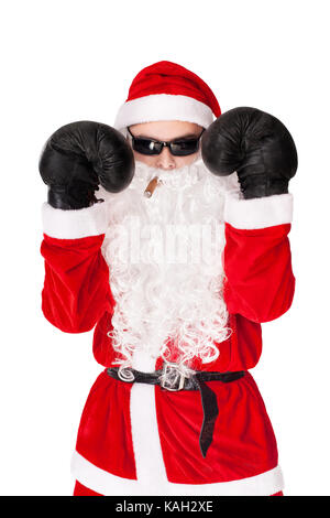 Santa Claus wearing sunglasses with boxing glove smoking a cigar isolated on white background Stock Photo