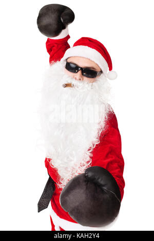 Santa Claus wearing sunglasses with boxing glove smoking a cigar isolated on white background Stock Photo