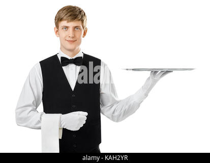 Portrait of young handsome waiter holding empty tray isolated on white background Stock Photo