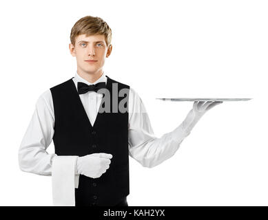 Portrait of young handsome waiter holding empty tray isolated on white background Stock Photo