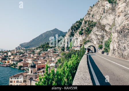Scenic route on Lake Garda and beautiful village Limone sul Garda, Italy. Travel background
