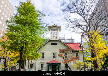 Sapporo Clock Tower is a wooden structure and well-known local tourist attraction. The Clock Tower is a symbol of Sapporo. Stock Photo