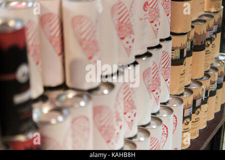 Lviv, UKRAINE, February 27, 2017: lot of jars with coffee in the store Lvivska kavyarnya Stock Photo