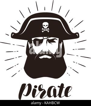 Pirate logo or label. Portrait of bearded one-eyed filibuster in hat. Vector illustration Stock Vector