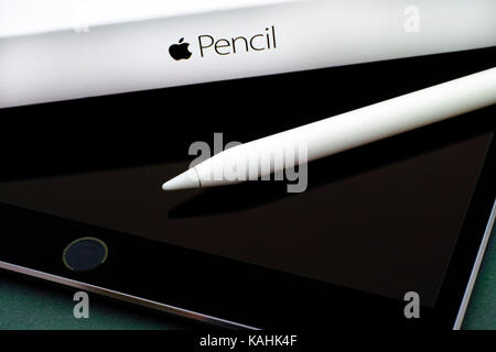 Tambov, Russian Federation - August 23, 2017 Apple Pencil on Apple iPad Pro 10.5 and pencil box on green background. Studio shot. Stock Photo