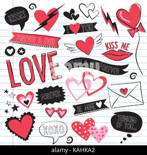 Love doodles (vector). Colourful sketchbook doodles with love wording, hearts and kisses. Perfect for Valentines. Stock Vector