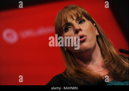 Brighton, UK. 26th Sep, 2017. Angela Raynor, Shadow Secretary of State for Education, speaking at the morning session of the third day of the Labour Party annual conference at the Brighton Centre. This conference is following the general election of June 2017, when under the leadership of Jeremy Corbyn, the Labour Party reduced the Conservative Party majority in parliament resulting in a hung parliament. Credit: Kevin Hayes/Alamy Live News Stock Photo
