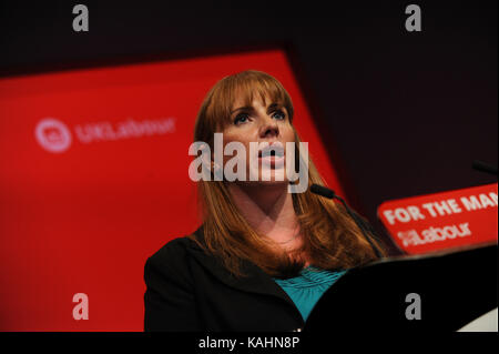 Brighton, UK. 26th Sep, 2017. Angela Raynor, Shadow Secretary of State for Education, speaking at the morning session of the third day of the Labour Party annual conference at the Brighton Centre. This conference is following the general election of June 2017, when under the leadership of Jeremy Corbyn, the Labour Party reduced the Conservative Party majority in parliament resulting in a hung parliament. Credit: Kevin Hayes/Alamy Live News Stock Photo
