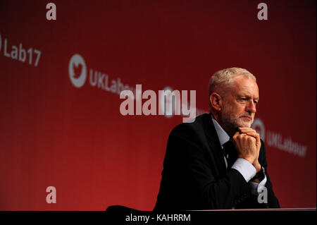 Brighton, UK. 26th Sep, 2017. Jeremy Corbyn, leader of the Labour Party at the afternoon session of the third day of the Labour Party annual conference at the Brighton Centre. This conference is following the general election of June 2017, when under the leadership of Jeremy Corbyn, the Labour Party reduced the Conservative Party majority in parliament resulting in a hung parliament. Credit: Kevin Hayes/Alamy Live News Stock Photo