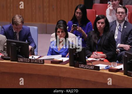 United Nations, New York, USA. 26th Sep, 2017. Nikki R. Haley, United States Permanent Representative to the UN During the Security Council Meeting on UNMISS (United Nations Mission in South Sudan) today at the UN Headquarters in New York City. Credit: dpa picture alliance/Alamy Live News Stock Photo