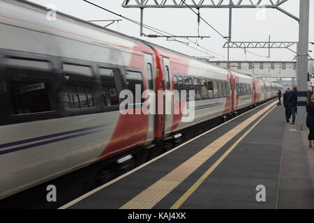 Peterborough Station, Peterborough, Cambridgeshire, UK. 27th Sep, 2017. UK weather: Morning fog at Peterborough station . Cloudy morning expected in eastern region Credit: WansfordPhoto/Alamy Live News Stock Photo