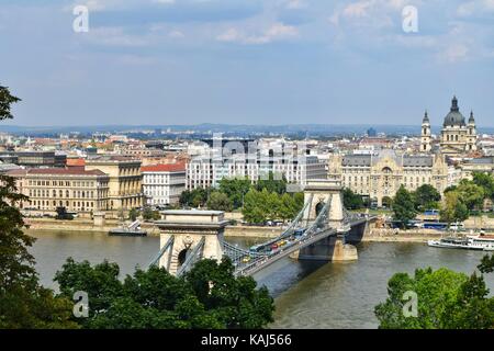 View of Budapest from Buda Castle, capturing the Széchenyi Chain Bridge Stock Photo