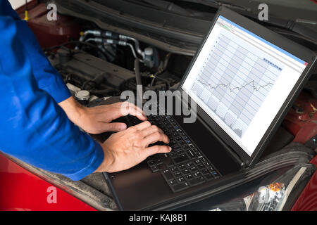 Mechanic Fixing Car With The Help Of Laptop In Garage Stock Photo