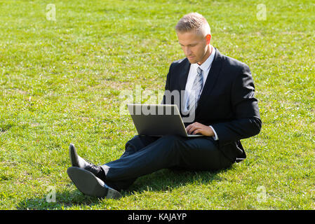 Businessman Sitting On Green Grass Using Laptop Stock Photo