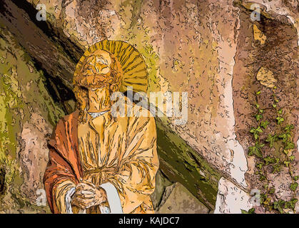 Jesus Christ while praying in the garden of olive trees Stock Photo