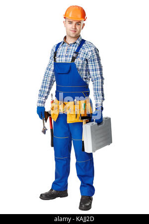 Full length portrait of young male construction worker wearing tool belt with toolbox isolated on white background Stock Photo