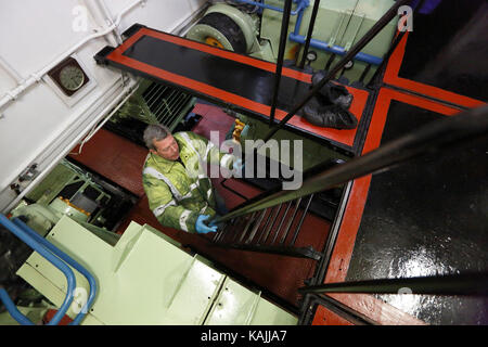 The engine room on MSC Victory on the Manchester Ship Canal in NE England on April 2, 2013. Stock Photo