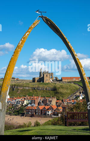 Whalebone Arch with Whitby Abbey and St Mary's Church, Whitby, North Yorkshire Stock Photo