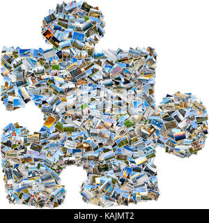 Collage of mixed travel photos making single puzzle piece isolated on white background Stock Photo