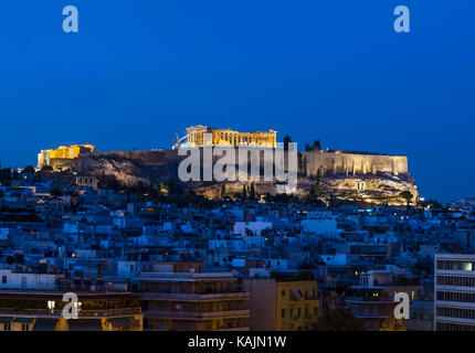 The Acropolis and Parthenon at night, Athens, Greece Stock Photo