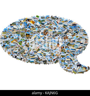 Photo collage - speech bubble made from travel photos. Conversation about travel destinations Stock Photo