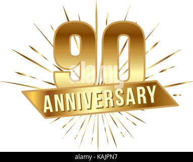 Anniversary golden ninety years number. 90th years festive Logo and greeting with sunburst for invitation decor. Flat style vector illustration isolat Stock Vector