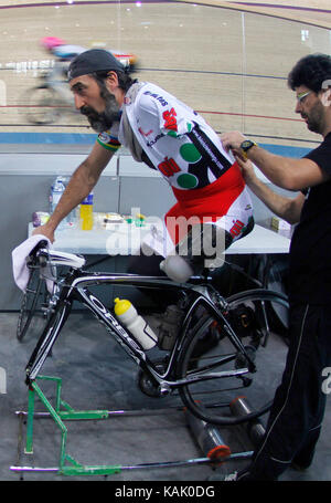 Spain«s World adapted cycling champion cathegory MC1 Juanjo Mendez prepares before the start of the Spanish adapted cycling championship in Palma Stock Photo