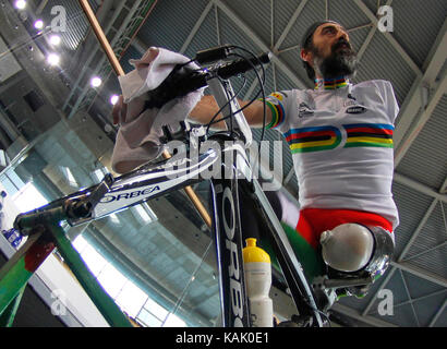 Spain«s World adapted cycling champion cathegory MC1 Juanjo Mendez prepares before the start of the Spanish adapted cycling championship in Palma Stock Photo