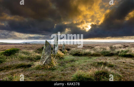 Boskednan stone circle is a partially restored prehistoric stone circle near Boskednan, Stock Photo